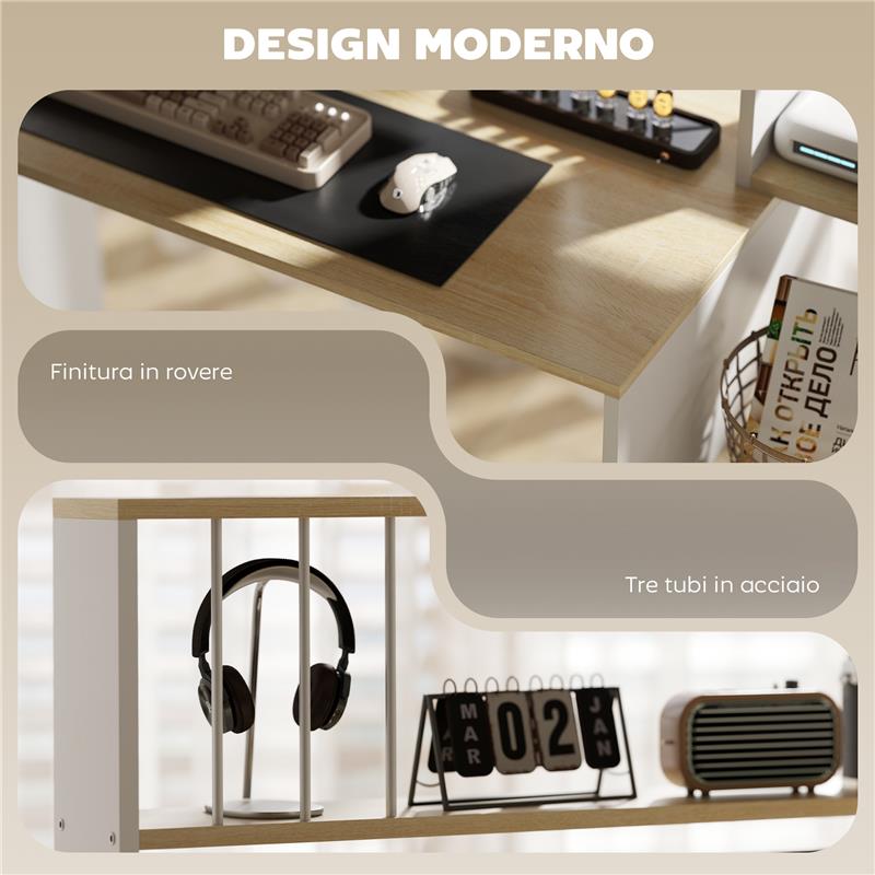 SCRIVANIA MODERNA PER PC CON LIBRERIA SCAFFALE E PORTA CPU 113X45X138.5 CM ROVERE