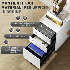 SCHEDARIO PORTADOCUMENTI IN ACCIAIO A 5 RUOTE CON 2 CASSETTI E VASSOIO PORTAPENNE 30X43.5X60 CM BIANCO