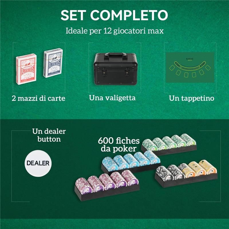 SET POKER CON 600 FICHES PER 12 GIOCATORI CON VALIGETTA 2 MAZZI DI CARTE E TAPPETINO NERO