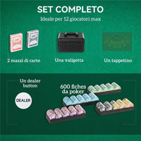 SET POKER CON 600 FICHES PER 12 GIOCATORI CON VALIGETTA 2 MAZZI DI CARTE E TAPPETINO NERO