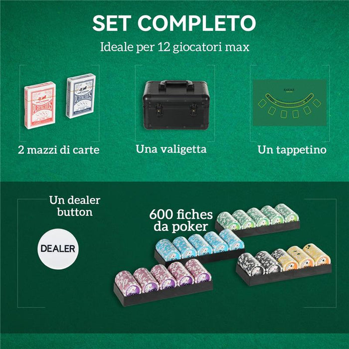 SET POKER CON 600 FICHES PER 12 GIOCATORI CON VALIGETTA 2 MAZZI DI CARTE E TAPPETINO NERO