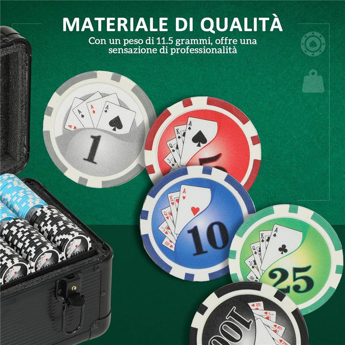SET POKER CON 600 FICHES PER 12 GIOCATORI CON VALIGETTA 2 MAZZI DI CARTE E TAPPETINO NERO