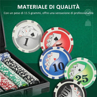 SET DA POKER PER 10 GIOCATORI CON 400 FICHES 2 MAZZI DI CARTE 5 DADI TAPPETINO E VALIGETTA GRIGIA