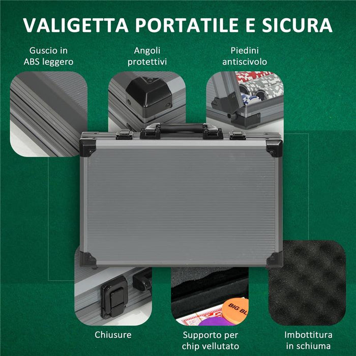 SET DA POKER PER 10 GIOCATORI CON 400 FICHES 2 MAZZI DI CARTE 5 DADI TAPPETINO E VALIGETTA GRIGIA
