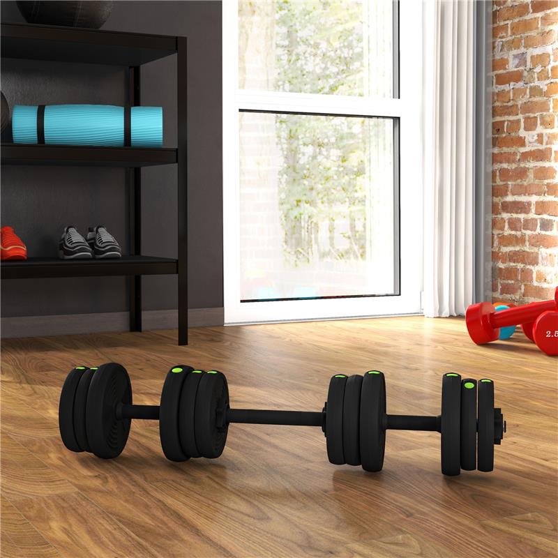 SET 2 IN 1 CON 2 MANUBRI CONVERTIBILI IN BILANCIERE PESO TOTALE 20 KG E DISCHI PESI REGOLABILI NERO