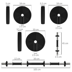 SET 2 IN 1 CON 2 MANUBRI CONVERTIBILI IN BILANCIERE PESO TOTALE 20 KG E DISCHI PESI REGOLABILI NERO