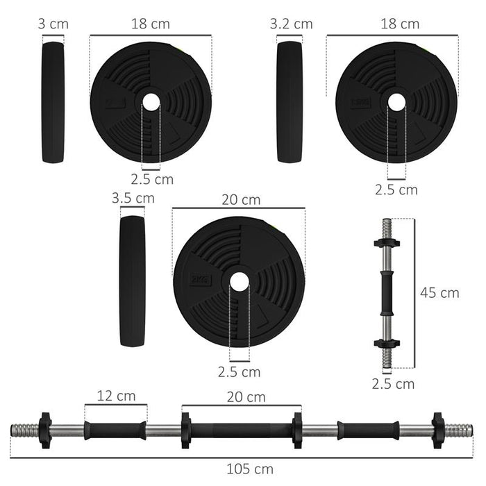 SET 2 IN 1 CON 2 MANUBRI CONVERTIBILI IN BILANCIERE PESO TOTALE 20 KG E DISCHI PESI REGOLABILI NERO
