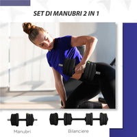 SET 2 IN 1 CON 2 MANUBRI CONVERTIBILI IN BILANCIERE PESO TOTALE 20 KG E DISCHI PESI REGOLABILI NERO