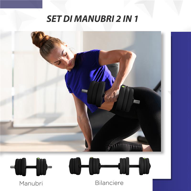 SET 2 IN 1 CON 2 MANUBRI CONVERTIBILI IN BILANCIERE PESO TOTALE 20 KG E DISCHI PESI REGOLABILI NERO