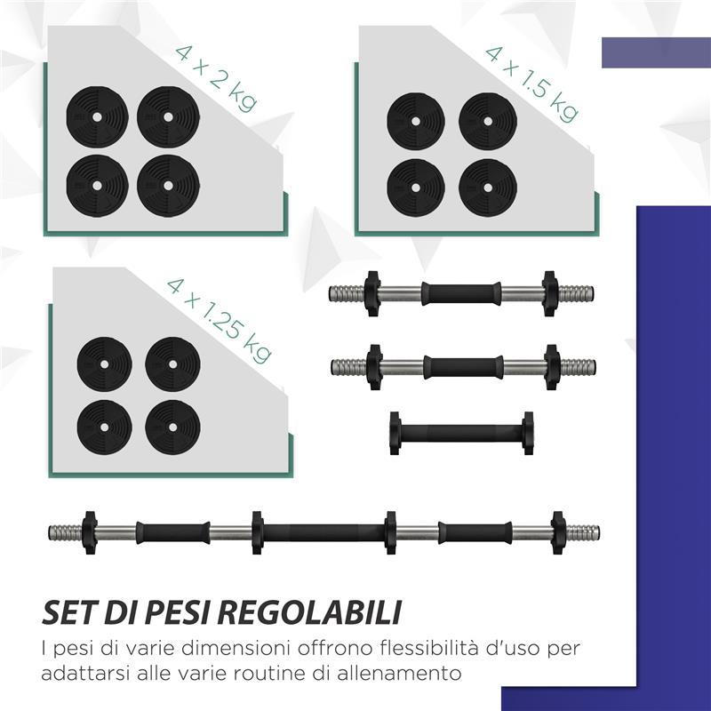 SET 2 IN 1 CON 2 MANUBRI CONVERTIBILI IN BILANCIERE PESO TOTALE 20 KG E DISCHI PESI REGOLABILI NERO