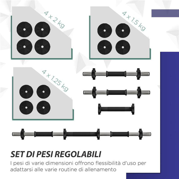 SET 2 IN 1 CON 2 MANUBRI CONVERTIBILI IN BILANCIERE PESO TOTALE 20 KG E DISCHI PESI REGOLABILI NERO