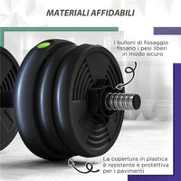 SET 2 IN 1 CON 2 MANUBRI CONVERTIBILI IN BILANCIERE PESO TOTALE 20 KG E DISCHI PESI REGOLABILI NERO