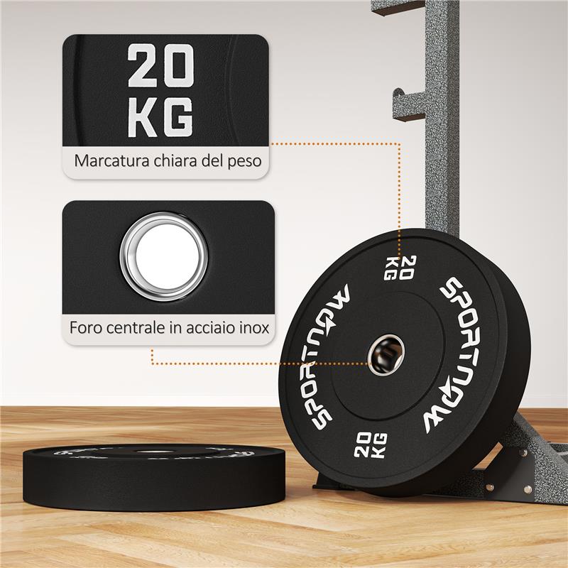 SET 2 DISCHI PESI DA 20KG IN GOMMA CON FORO DA 2"/5 CM PER MANUBRI E BILANCIERI NERO