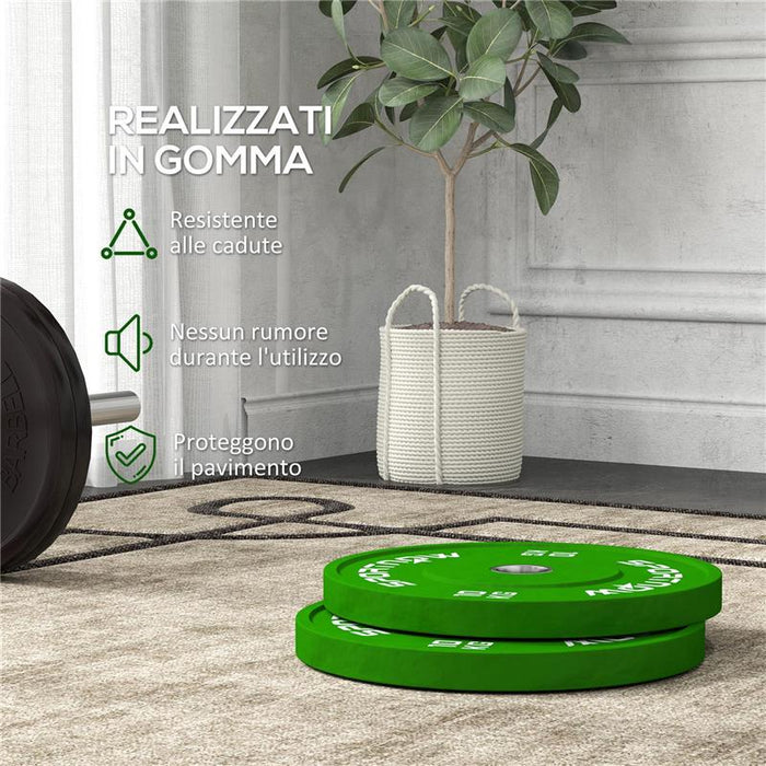 SET 2 DISCHI PESI DA 10KG IN GOMMA CON FORO DA 2"/5 CM PER MANUBRI E BILANCIERI VERDE