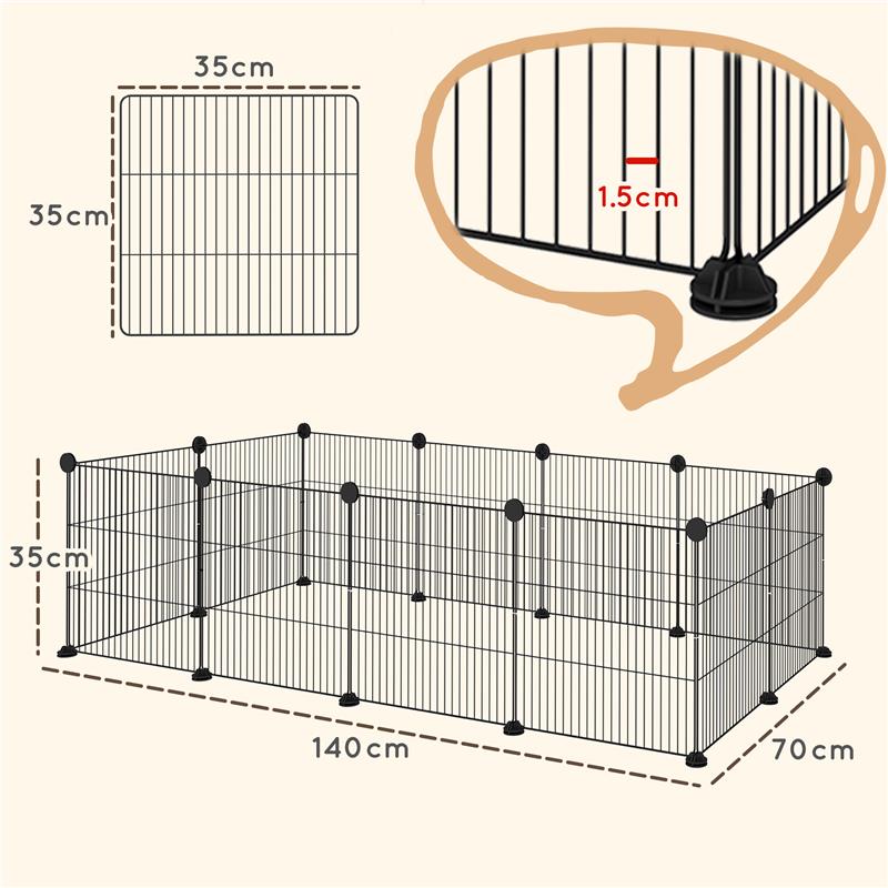 RECINTO PER ANIMALI MODULABILE CON 12 PANNELLI 35X35 CM E BORDI ARROTONDATI IN METALLO E ABS 140X70X35 CM NERO