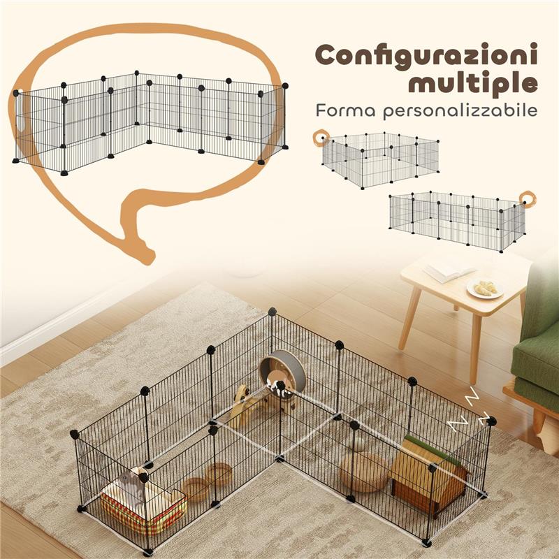 RECINTO PER ANIMALI MODULABILE CON 12 PANNELLI 35X35 CM E BORDI ARROTONDATI IN METALLO E ABS 140X70X35 CM NERO