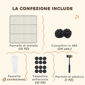 RECINTO PER ANIMALI MODULABILE CON 12 PANNELLI 35X35 CM E BORDI ARROTONDATI IN METALLO E ABS 140X70X35 CM NERO