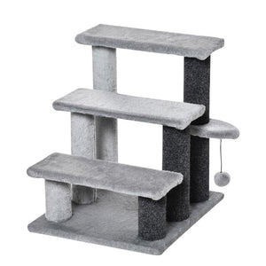 SCALETTA PER GATTI A 3 GRADINI CON RIVESTIMENTO IN FLANELLA E PALLINA 45X40X48 CM GRIGIO