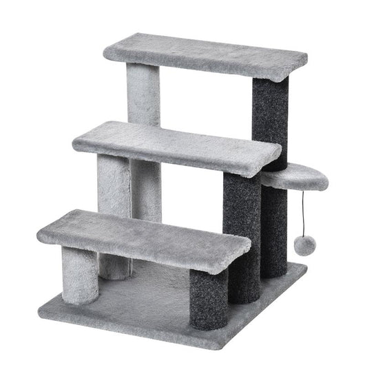 SCALETTA PER GATTI A 3 GRADINI CON RIVESTIMENTO IN FLANELLA E PALLINA 45X40X48 CM GRIGIO