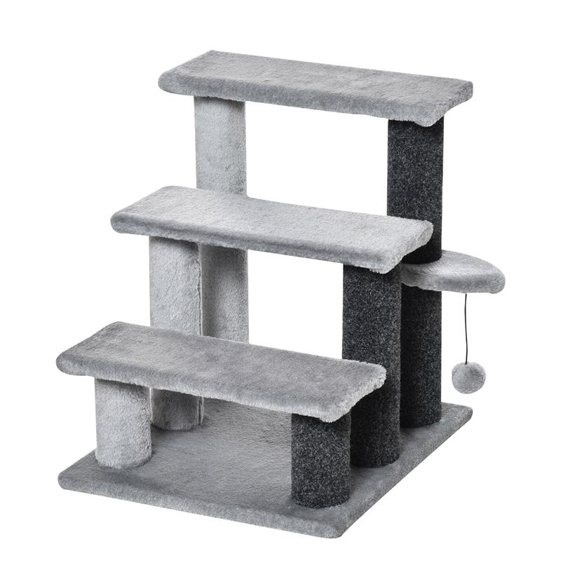 SCALETTA PER GATTI A 3 GRADINI CON RIVESTIMENTO IN FLANELLA E PALLINA 45X40X48 CM GRIGIO