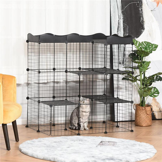 RECINTO PER ANIMALI DOMESTICI MODULABILE E MULTILIVELLO CON RAMPA E 2 PORTE IN ACCIAIO E PP 105X70X116 CM NERO