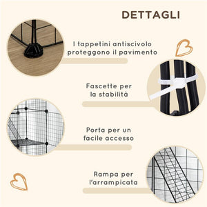 RECINTO PER ANIMALI MODULABILE CON 31 PANNELLI 2 PORTE E 2 RAMPE IN ACCIAIO E PP 105X45X105 CM NERO
