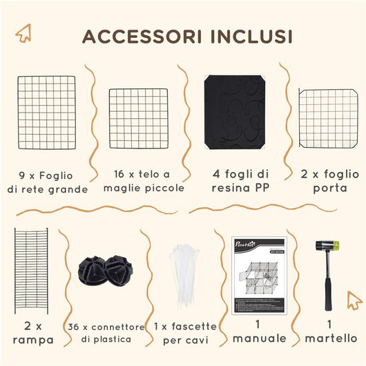 RECINTO PER ANIMALI MODULABILE CON 31 PANNELLI 2 PORTE E 2 RAMPE IN ACCIAIO E PP 105X45X105 CM NERO