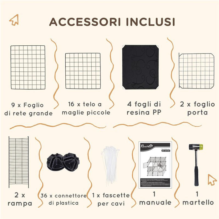 RECINTO PER ANIMALI MODULABILE CON 31 PANNELLI 2 PORTE E 2 RAMPE IN ACCIAIO E PP 105X45X105 CM NERO