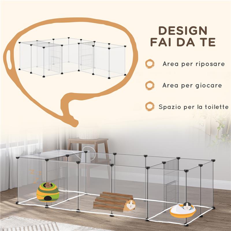 RECINTO PER ANIMALI MODULABILE CON 20 PANNELLI E 2 PORTE IN ACCIAIO E PP 175X70X45 CM BIANCO E NERO
