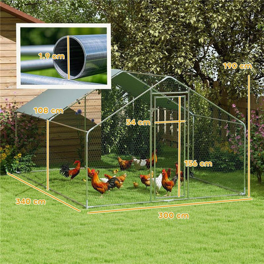 RECINTO PER GALLINE DA 10.2M PER 10-15 GALLINE CON TETTO IMPERMEABILE IN ACCIAIO E TESSUTO 3X3.4X1.9 M ARGENTO