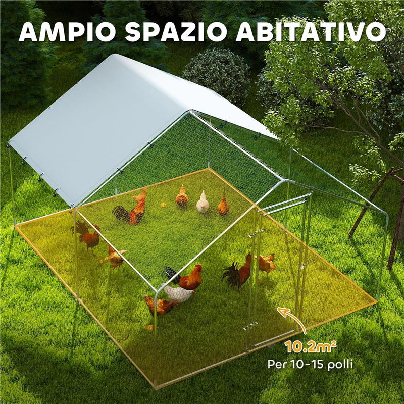 RECINTO PER GALLINE DA 10.2M PER 10-15 GALLINE CON TETTO IMPERMEABILE IN ACCIAIO E TESSUTO 3X3.4X1.9 M ARGENTO