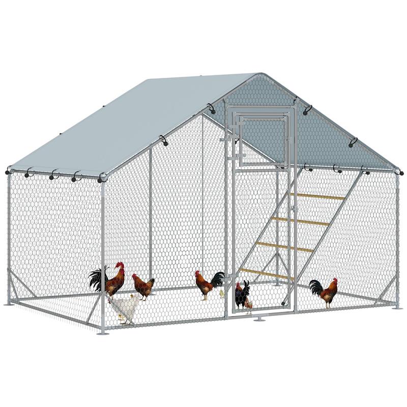 RECINTO PER GALLINE DA 6M¦ PER 6-8 ANIMALI CON TETTO IMPERMEABILE MANGIATOIA E POSATOIO 3X2X1.9M ARGENTO