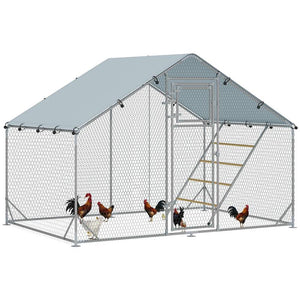 RECINTO PER GALLINE DA 6M¦ PER 6-8 ANIMALI CON TETTO IMPERMEABILE MANGIATOIA E POSATOIO 3X2X1.9M ARGENTO
