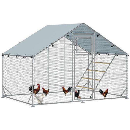 RECINTO PER GALLINE DA 6M¦ PER 6-8 ANIMALI CON TETTO IMPERMEABILE MANGIATOIA E POSATOIO 3X2X1.9M ARGENTO