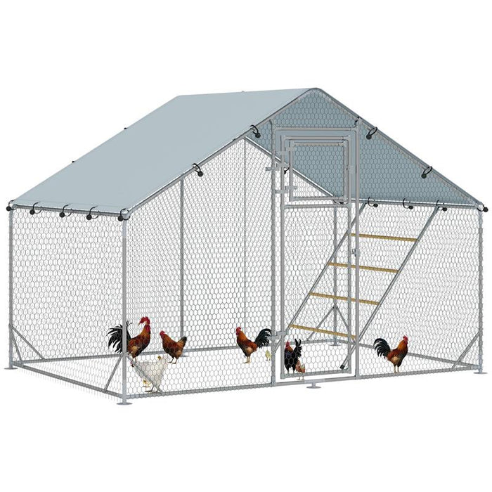 RECINTO PER GALLINE DA 6M¦ PER 6-8 ANIMALI CON TETTO IMPERMEABILE MANGIATOIA E POSATOIO 3X2X1.9M ARGENTO