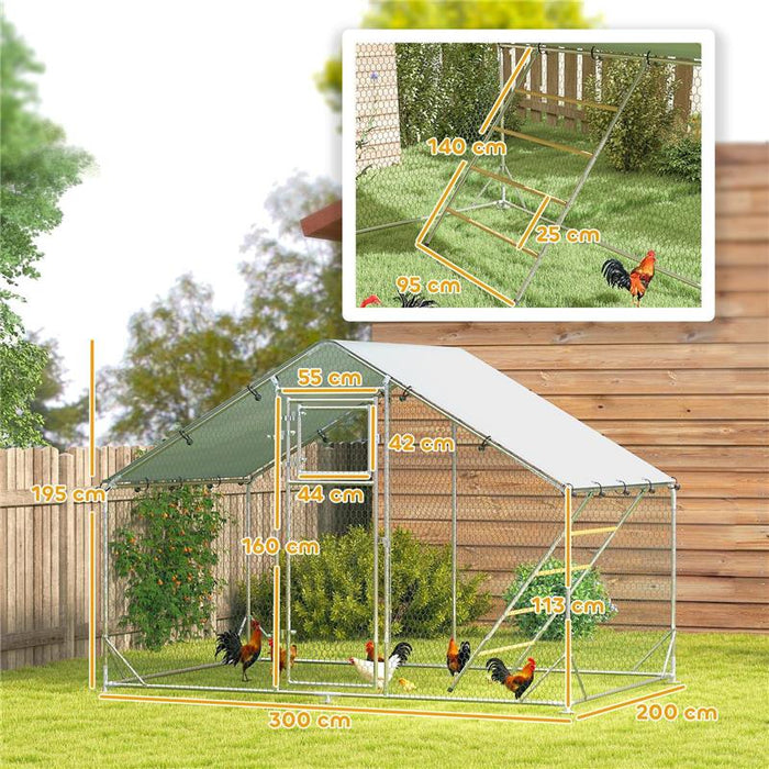 RECINTO PER GALLINE DA 6M¦ PER 6-8 ANIMALI CON TETTO IMPERMEABILE MANGIATOIA E POSATOIO 3X2X1.9M ARGENTO