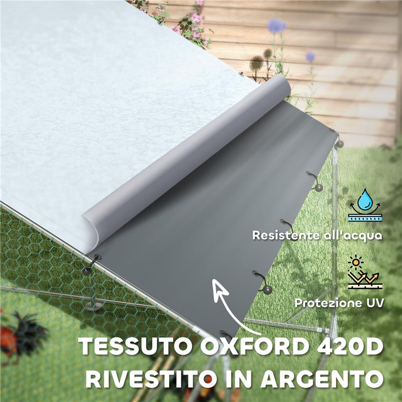 RECINTO PER GALLINE DA 12M PER 12-18 ANIMALI CON TETTO IMPERMEABILE MANGIATOIA E POSATOIO 3X4X1.9M ARGENTO