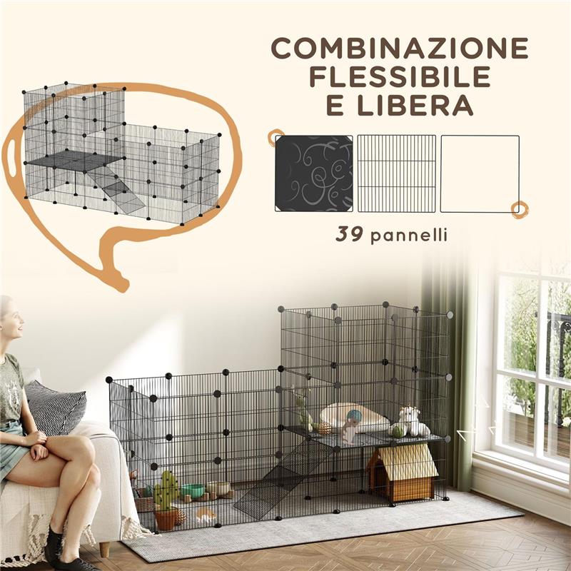 RECINTO PER ANIMALI MODULABILE E MULTILIVELLO CON 39 PANNELLI IN ACCIAIO E PP 140X70X105 CM NERO