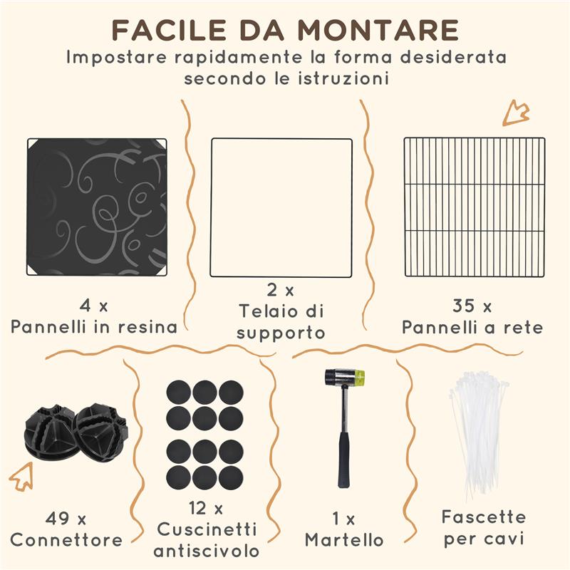 RECINTO PER ANIMALI MODULABILE E MULTILIVELLO CON 39 PANNELLI IN ACCIAIO E PP 140X70X105 CM NERO