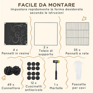 RECINTO PER ANIMALI MODULABILE E MULTILIVELLO CON 39 PANNELLI IN ACCIAIO E PP 140X70X105 CM NERO