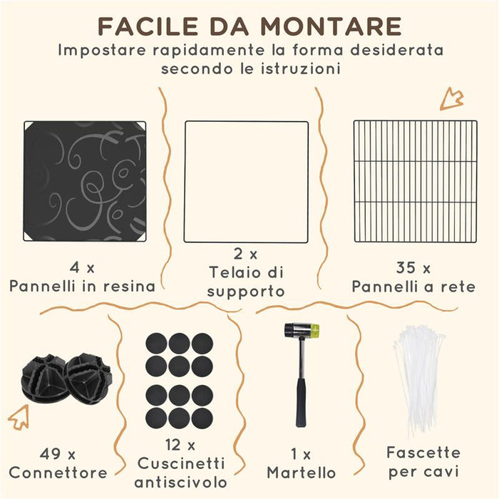 RECINTO PER ANIMALI MODULABILE E MULTILIVELLO CON 39 PANNELLI IN ACCIAIO E PP 140X70X105 CM NERO