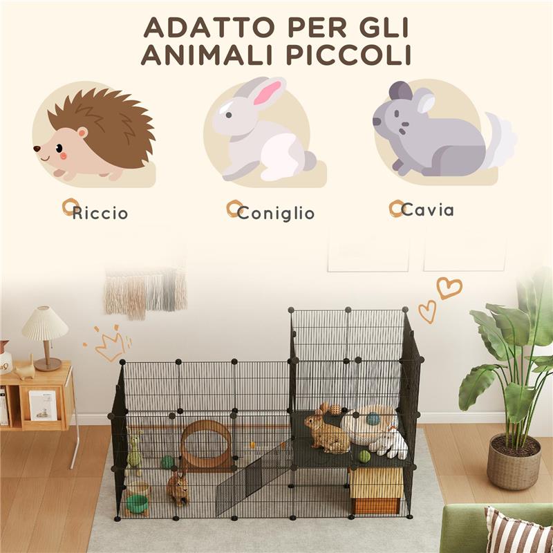 RECINTO PER ANIMALI MODULABILE E MULTILIVELLO CON 39 PANNELLI IN ACCIAIO E PP 140X70X105 CM NERO