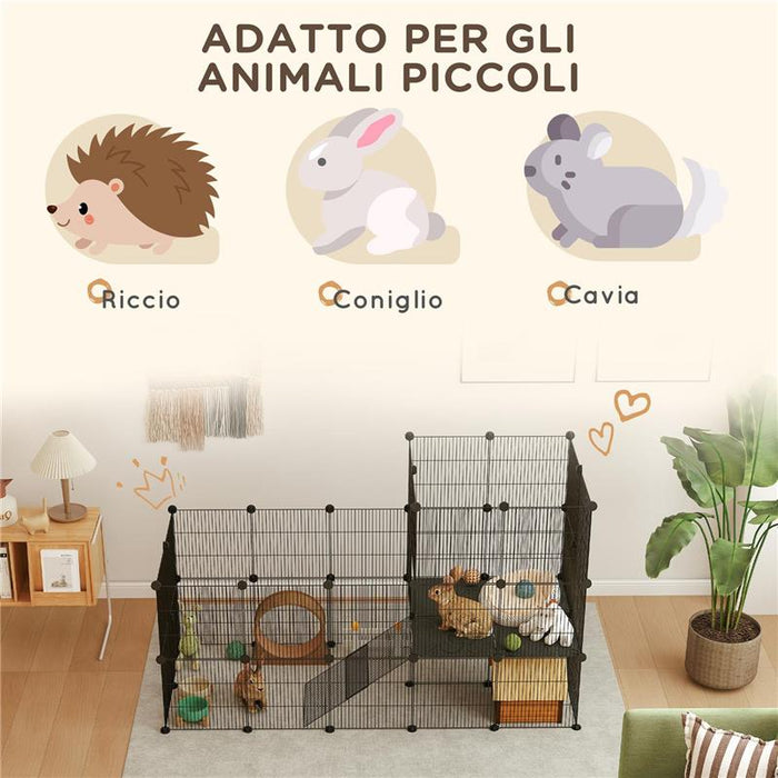 RECINTO PER ANIMALI MODULABILE E MULTILIVELLO CON 39 PANNELLI IN ACCIAIO E PP 140X70X105 CM NERO