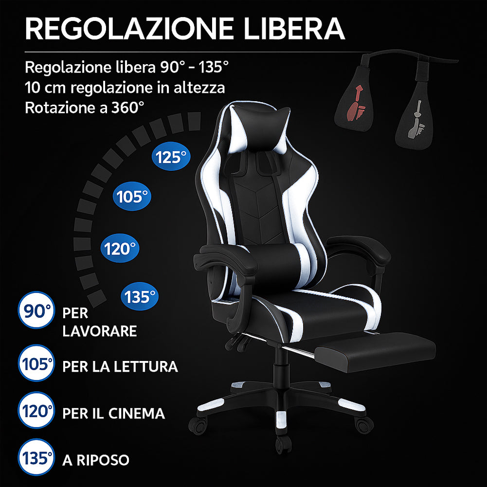 Sedia Gaming Ergonomica Reclinabile in Ecopelle con Poggiapiedi e Cuscini Lombari