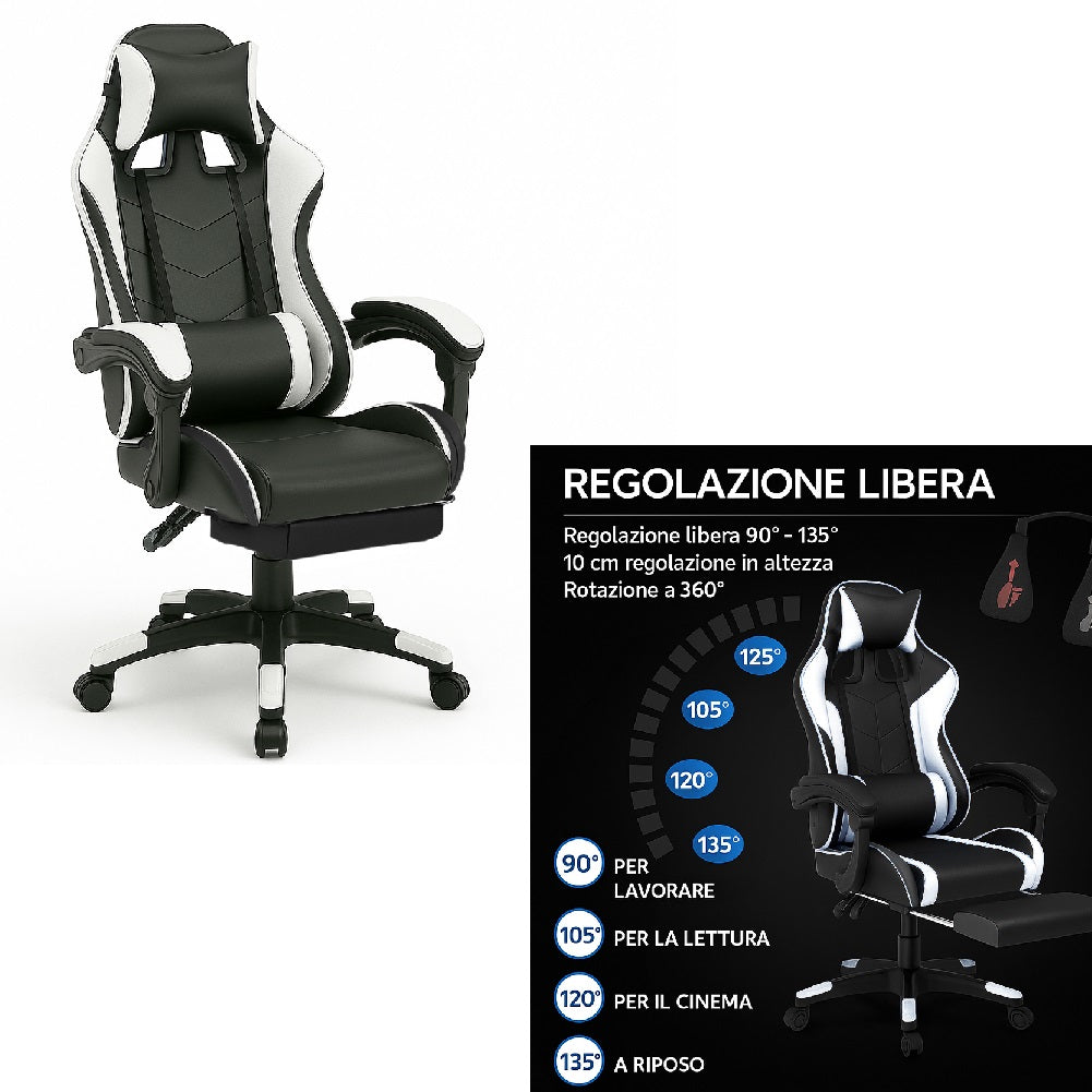 Sedia Gaming Ergonomica Reclinabile in Ecopelle con Poggiapiedi e Cuscini Lombari