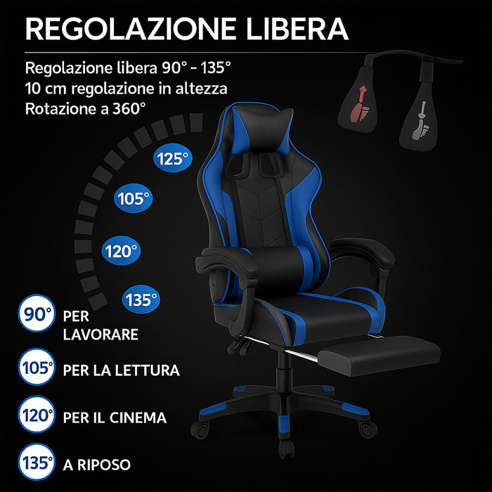 Sedia Gaming Ergonomica Reclinabile in Ecopelle con Poggiapiedi e Cuscini Lombari
