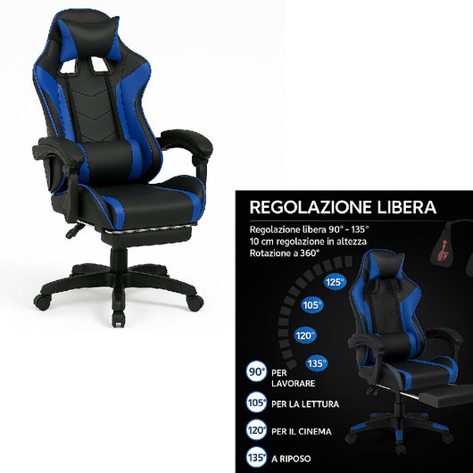 Sedia Gaming Ergonomica Reclinabile in Ecopelle con Poggiapiedi e Cuscini Lombari