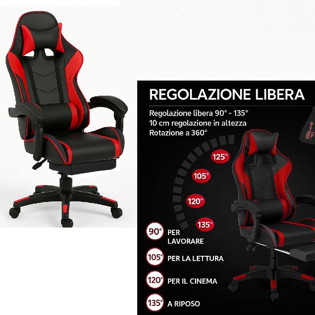 Sedia Gaming Ergonomica Reclinabile in Ecopelle con Poggiapiedi e Cuscini Lombari