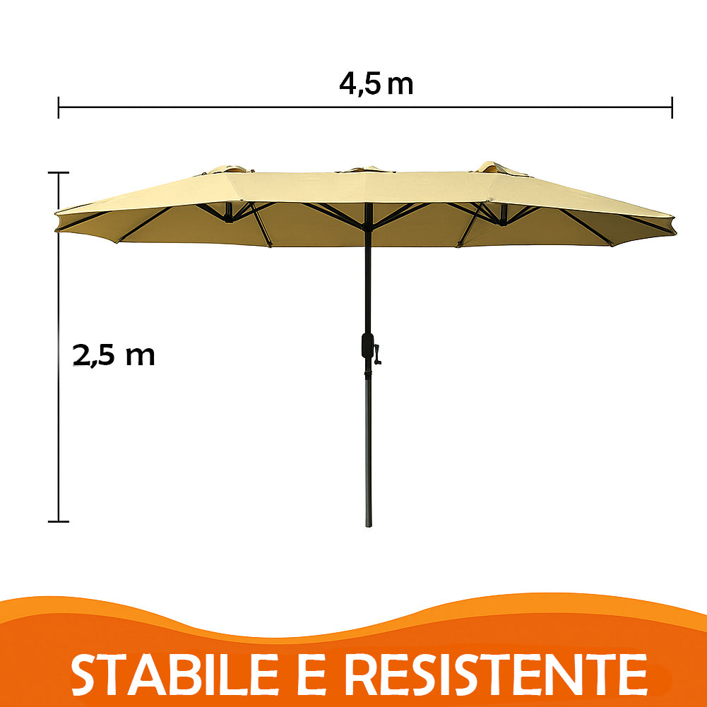 Ombrellone Doppio da Giardino 4.5x2.7 Metri Apertura Manovella e Copertura Beige