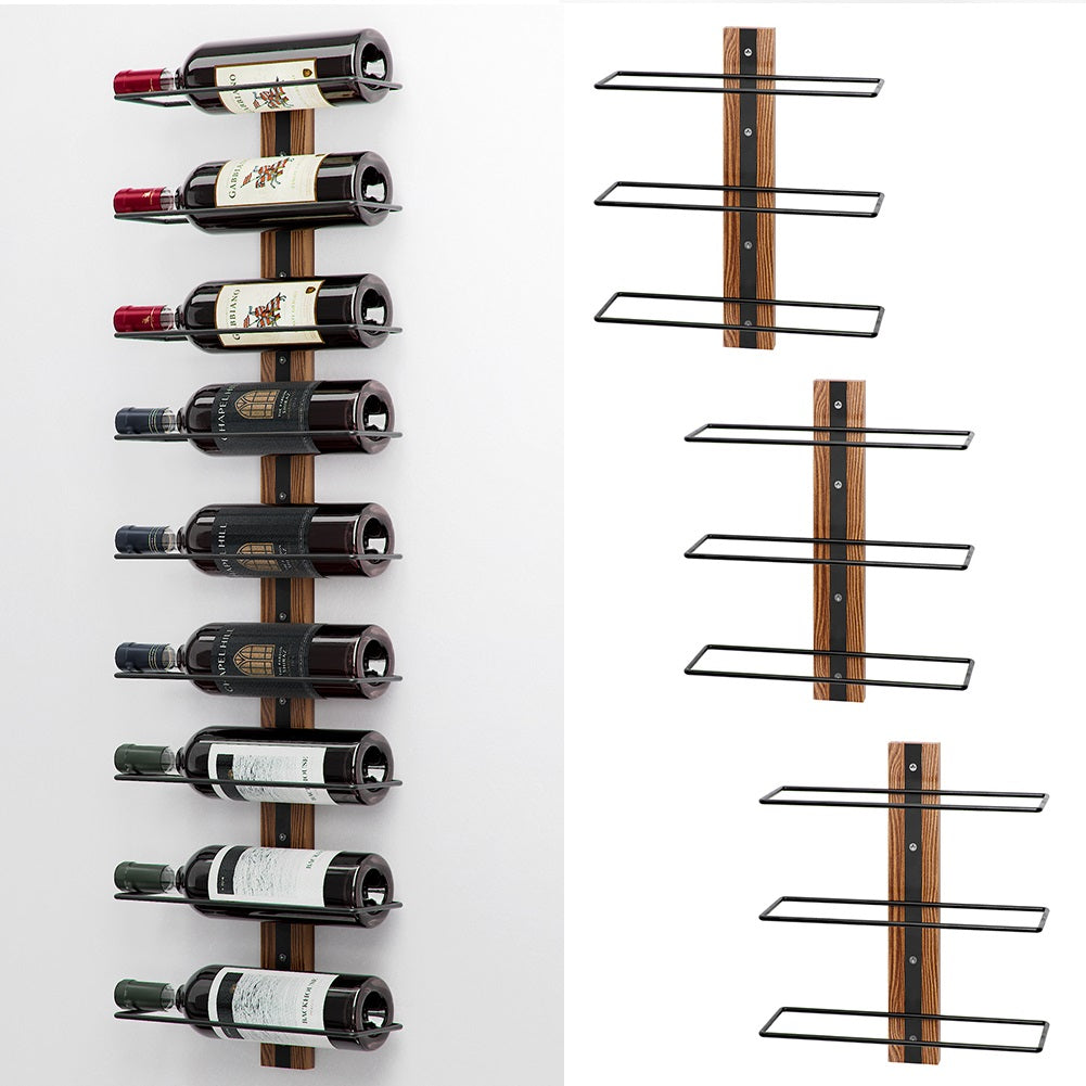 Set 3 Portabottiglie da Muro in Ferro e Legno Stile Industriale per vino da 750 ml